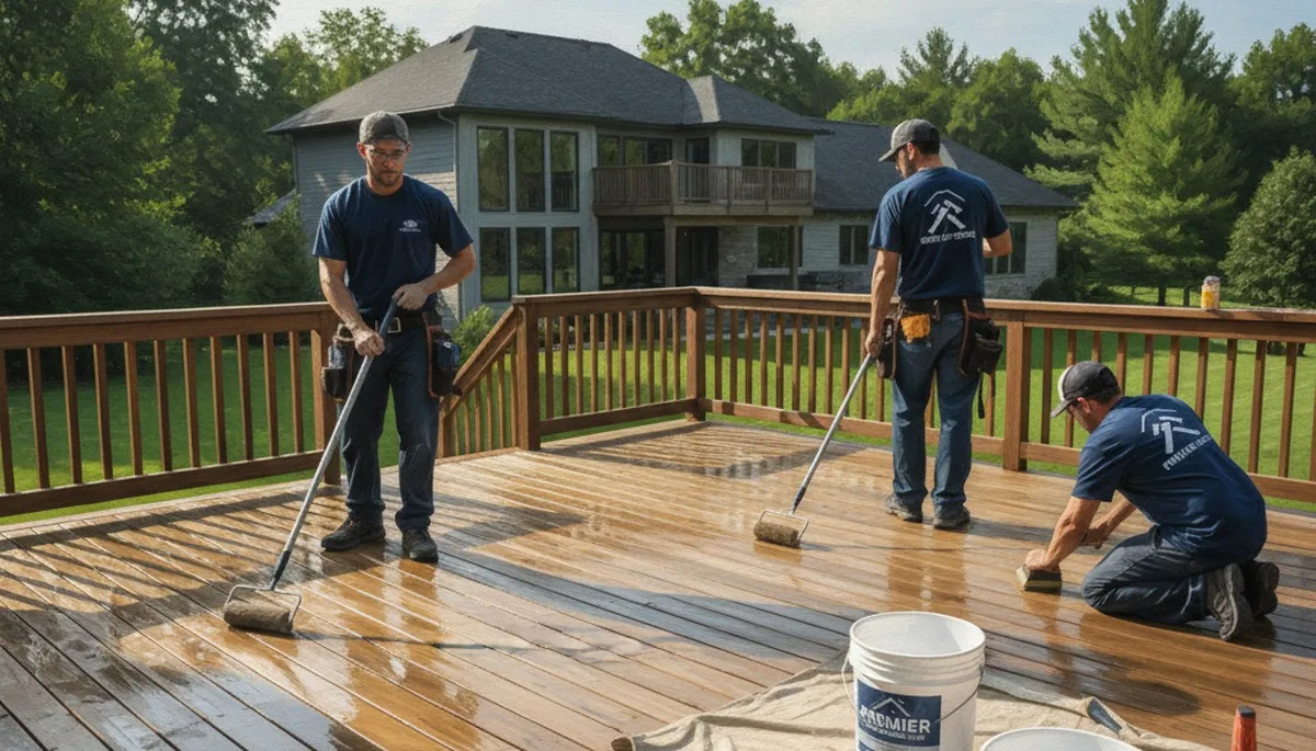 Raleigh, NC painters sealing a wood deck to protect against moisture and UV damage